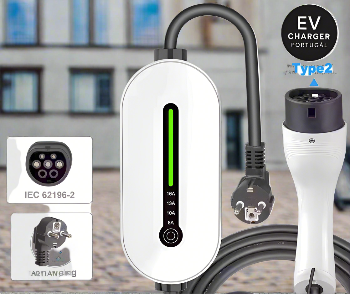 Carregador Portátil Tipo 2 para Carros Elétricos | 3,7kW 16A | IP66